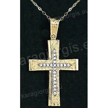 Χρυσός βαπτιστικός σταυρός για κορίτσι με αλυσίδα με σαγρέ φινίρισμα και ένθετο λευκόχρυσο σταυρό σε 14 καράτια με πέτρες ζιργκόν.