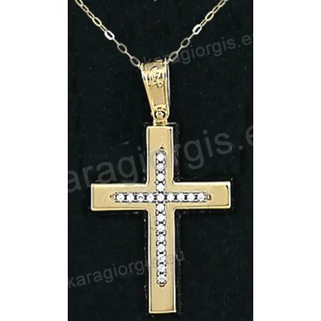 Χρυσός βαπτιστικός σταυρός για κορίτσι με αλυσίδα με λουστρέ φινίρισμα και ένθετο λευκόχρυσο σταυρό σε 14 καράτια με πέτρες ζιργκόν.