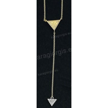 Κολιέ χρυσό Κ14 σε κρεμαστή γραβάτα με τρίγωνο μοτιφάκι με άσπρες πέτρες ζιργκόν.