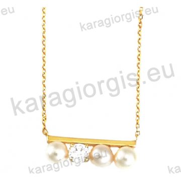 Κολιέ χρυσό Κ14 σε fashion jewellery με πέρλες και άσπρες πέτρες ζιργκόν.