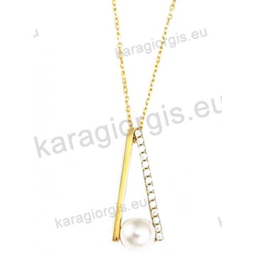 Κολιέ χρυσό Κ14 σε γραβάτα fashion jewellery με πέρλα και άσπρες πέτρες ζιργκόν.