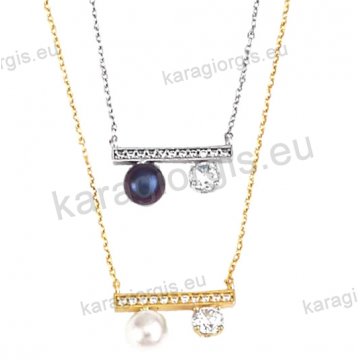 Κολιέ χρυσό ή λευκόχρυσο Κ14 σε fashion jewellery με πέρλες και άσπρες πέτρες ζιργκόν.