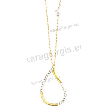 Κολιέ χρυσό Κ14 σε πουάρ σχέδιο fashion jewellery με άσπρες πέτρες ζιργκόν και περλίτσα στο πλάι.