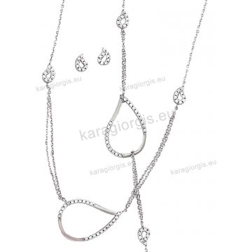 Σέτ λευκόχρυσο Κ14 σε fashion jewellery με πουάρ σχέδιο με κολιέ, βραχιόλι, σκουλαρίκια με άσπρες πέτρες ζιργκόν.