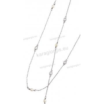 Σέτ λευκόχρυσο Κ14 σε fashion jewellery με περιμετρικά μονόπετρα με κολιέ, βραχιόλι με άσπρες πέρλες.