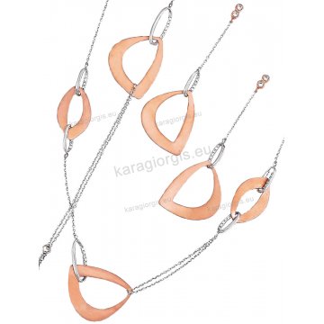 Σέτ λευκόχρυσο με ροζ χρυσό Κ14 σε fashion jewellery με τρίγωνα σχέδια με κολιέ, βραχιόλι, σκουλαρίκια με άσπρες πέτρες ζιργκόν.