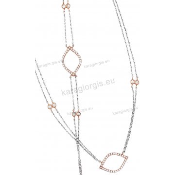 Σέτ λευκόχρυσο με ροζ χρυσό Κ14 σε fashion jewellery με οβάλ κύκλους με κολιέ, βραχιόλι με άσπρες πέτρες ζιργκόν.