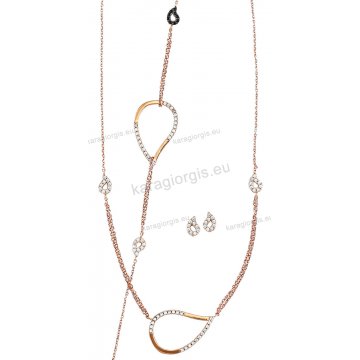 Σέτ ροζ χρυσό Κ14 σε fashion jewellery με πουάρ σχέδια με κολιέ, βραχιόλι, σκουλαρίκια και με άσπρες πέρλες.