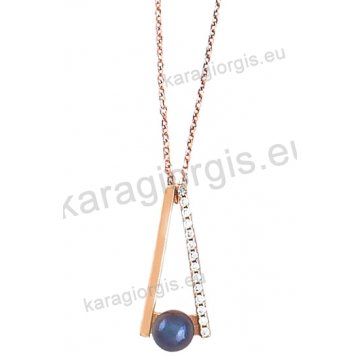 Κολιέ σε ροζ χρυσό Κ14 fashion jewellery σε γραβάτα με μαύρη πέρλα και άσπρες πέτρες ζιργκόν. 