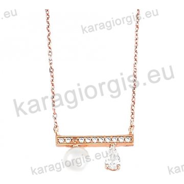 Κολιέ σε ροζ χρυσό Κ14 fashion jewellery με πέρλες και άσπρες πέτρες ζιργκόν. 