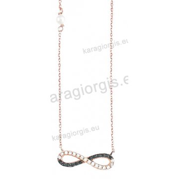 Κολιέ σε ροζ χρυσό Κ14 fashion jewellery με άπειρο infinite με άσπρες και μαύρες πέτρες ζιργκόν. 