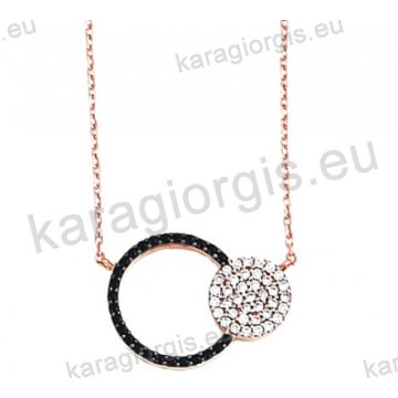 Κολιέ σε ροζ χρυσό Κ14 fashion jewellery με ομόκεντρους κύκλους με άσπρες και μαύρες πέτρες ζιργκόν. 