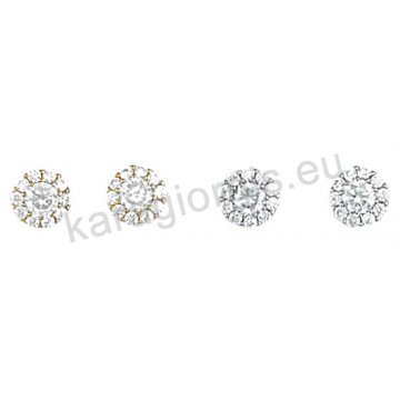 Σκουλαρίκι Κ14 πάνω στο αυτί χρυσό ή λευκόχρυσο σε ροζέτα με άσπρες πέτρες ζιργκόν.