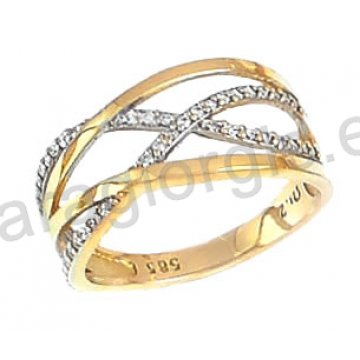 Δαχτυλίδι χρυσό με λευκόχρυσο Κ14 γυναικείο σε χιαστί με πέτρες ζιργκόν.