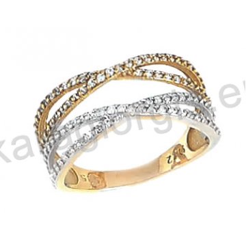 Δαχτυλίδι χρυσό με λευκόχρυσο Κ14 γυναικείο σε διπλό χιαστί με πέτρες ζιργκόν.