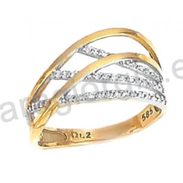 Δαχτυλίδι χρυσό με λευκόχρυσο Κ14 γυναικείο σε τριπλό χιαστί με πέτρες ζιργκόν.