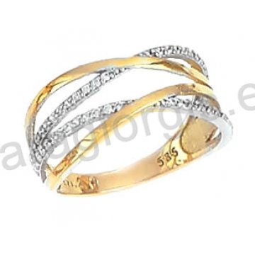 Δαχτυλίδι χρυσό με λευκόχρυσο Κ14 γυναικείο διπλό με πέτρες ζιργκόν.