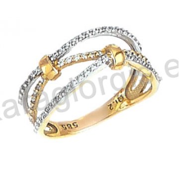 Δαχτυλίδι χρυσό με λευκόχρυσο Κ14 γυναικείο με πέτρες ζιργκόν.
