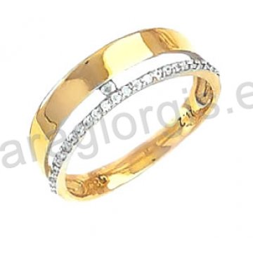 Δαχτυλίδι χρυσό με λευκόχρυσο Κ14 γυναικείο με πέτρες ζιργκόν και δύο πουάρ πράσινα.