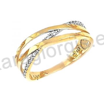 Δαχτυλίδι χρυσό με λευκόχρυσο Κ14 γυναικείο σε χιαστί με πέτρες ζιργκόν.