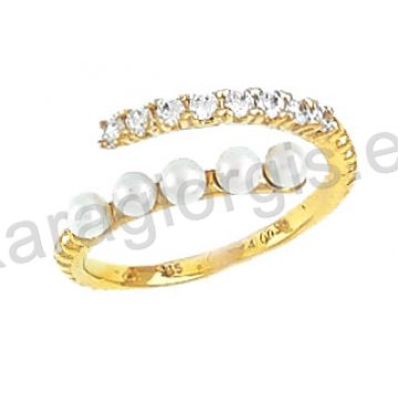 Δαχτυλίδι χρυσό Κ14 γυναικείο δίσειρο με πέρλες και πέτρες ζιργκόν.