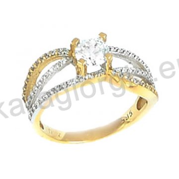 Μονόπετρο δίχρωμο δαχτυλίδι Κ14 λευκόχρυσο με χρυσό σε τριπλό με πέτρες ζιργκόν.
