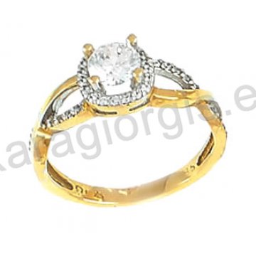 Μονόπετρο δίχρωμο δαχτυλίδι Κ14 λευκόχρυσο με χρυσό με πέτρες ζιργκόν.