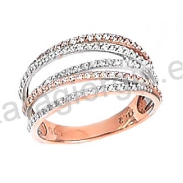 Δαχτυλίδι δίχρωμο ροζ χρυσό με λευκόχρυσο Κ14 με άσπρες πέτρες ζιργκόν.