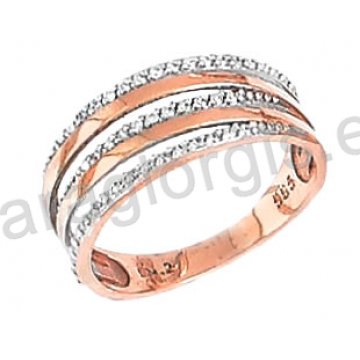 Δαχτυλίδι δίχρωμο ροζ χρυσό με λευκόχρυσο Κ14 σε χιαστί τριπλό με άσπρες πέτρες ζιργκόν.