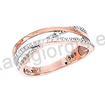 Δαχτυλίδι δίχρωμο ροζ χρυσό με λευκόχρυσο Κ14 σε χιαστί με άσπρες πέτρες ζιργκόν.