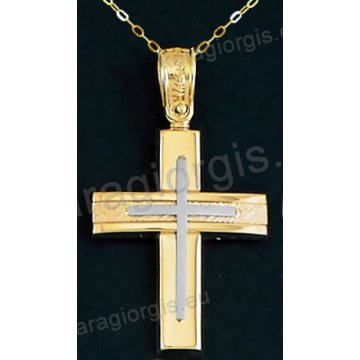 Βαπτιστικός σταυρός Κ14 για αγόρι με αλυσίδα χρυσός με λουστρέ-σαγρέ φινίρισμα και ένθετο λευκόχρυσο σταυρό.