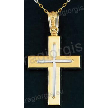 Βαπτιστικός σταυρός Κ14 για αγόρι με αλυσίδα χρυσός με λουστρέ-ματ φινίρισμα και ένθετο λευκόχρυσο σταυρό.