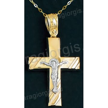 Βαπτιστικός σταυρός Κ14 για αγόρι με αλυσίδα χρυσός με λουστρέ φινίρισμα και ένθετο λευκόχρυσο εσταυρωμένο.