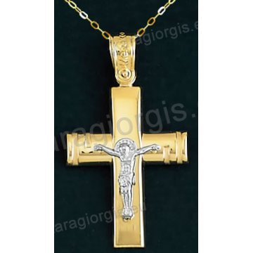 Βαπτιστικός σταυρός Κ14 για αγόρι με αλυσίδα χρυσός με λουστρέ φινίρισμα και ένθετο λευκόχρυσο εσταυρωμένο.