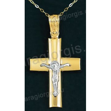 Βαπτιστικός σταυρός Κ14 για αγόρι με αλυσίδα χρυσός με λουστρέ-ματ φινίρισμα και ένθετο λευκόχρυσο εσταυρωμένο.