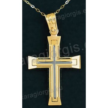 Βαπτιστικός σταυρός Κ14 για αγόρι με αλυσίδα χρυσός με λουστρέ-ματ φινίρισμα και ένθετο λευκόχρυσο σταυρό.