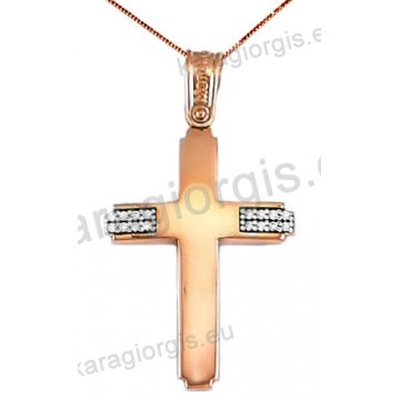 Βαπτιστικός σταυρός Κ14 για κορίτσι με αλυσίδα σε ροζ χρυσό rose gold με πέτρες ζιργκόν.