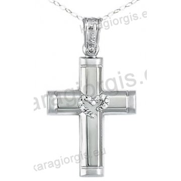 Βαπτιστικός σταυρός Κ14 για κορίτσι με αλυσίδα σε λευκόχρυσο με ένθετη καρδιά με πέτρες ζιργκόν.