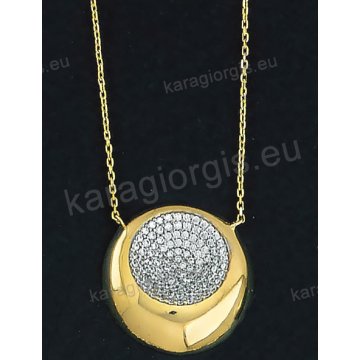 Κολιέ χρυσό Κ14 με λουστρέ κύκλο σε fashion jewellery με άσπρες πέτρες ζιργκόν.