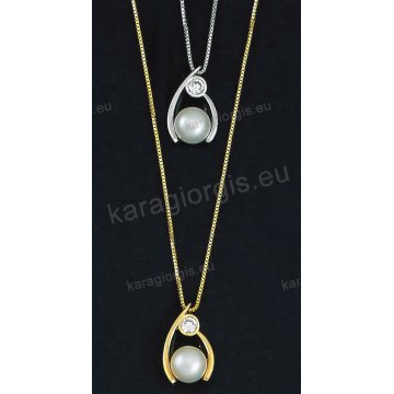 Κολιέ χρυσό ή λευκόχρυσο Κ14 με κρεμαστή πέρλα σε fashion jewellery με άσπρες πέτρες ζιργκόν.