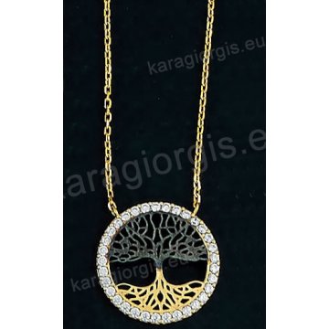 Κολιέ χρυσό Κ14 με κρεμαστό δέντρο της ζωής σε fashion jewellery με μαύρο χρυσό και άσπρες πέτρες ζιργκόν.