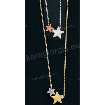 Κολιέ χρυσό ή λευκόχρυσο Κ14 με κρεμαστά αστεράκια σε fashion jewellery σε λουστρέ φινίρισμα.
