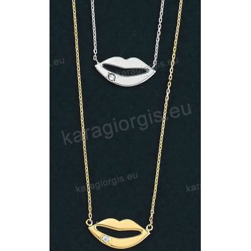 Κολιέ χρυσό ή λευκόχρυσο Κ14 με κρεμαστά χείλη σε fashion jewellery σε λουστρέ φινίρισμα με πέτρα ζιργκόν.