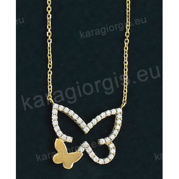 Κολιέ χρυσό Κ14 με κρεμαστή πεταλούδα σε fashion jewellery με άσπρες πέτρες ζιργκόν.