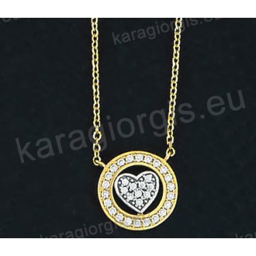 Κολιέ χρυσό  Κ14 με κρεμαστή καρδιά σε fashion jewellery με άσπρες πέτρες ζιργκόν.