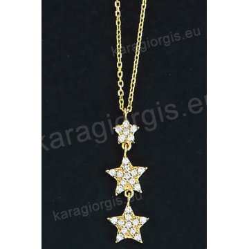 Κολιέ χρυσό Κ14 με κρεμαστά αστεράκια σε fashion jewellery με άσπρες πέτρες ζιργκόν.