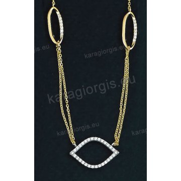 Κολιέ χρυσό Κ14 με οβάλ κύκλους σε fashion jewellery με άσπρες πέτρες ζιργκόν.