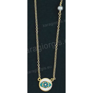 Κολιέ χρυσό Κ14 με ματάκι σε σμάλτο και άσπρες πέτρες ζιργκόν σε fashion jewellery.