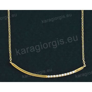 Κολιέ χρυσό Κ14 με μπάρα fashion jewellery με άσπρες πέτρες ζιργκόν σε λουστρέ φινίρισμα.