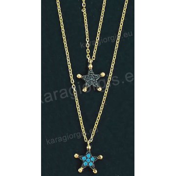 Κολιέ χρυσό Κ14 με κρεμαστό αστεράκι σε fashion jewellery με χρωματιστές πέτρες και μαύρο χρυσό.